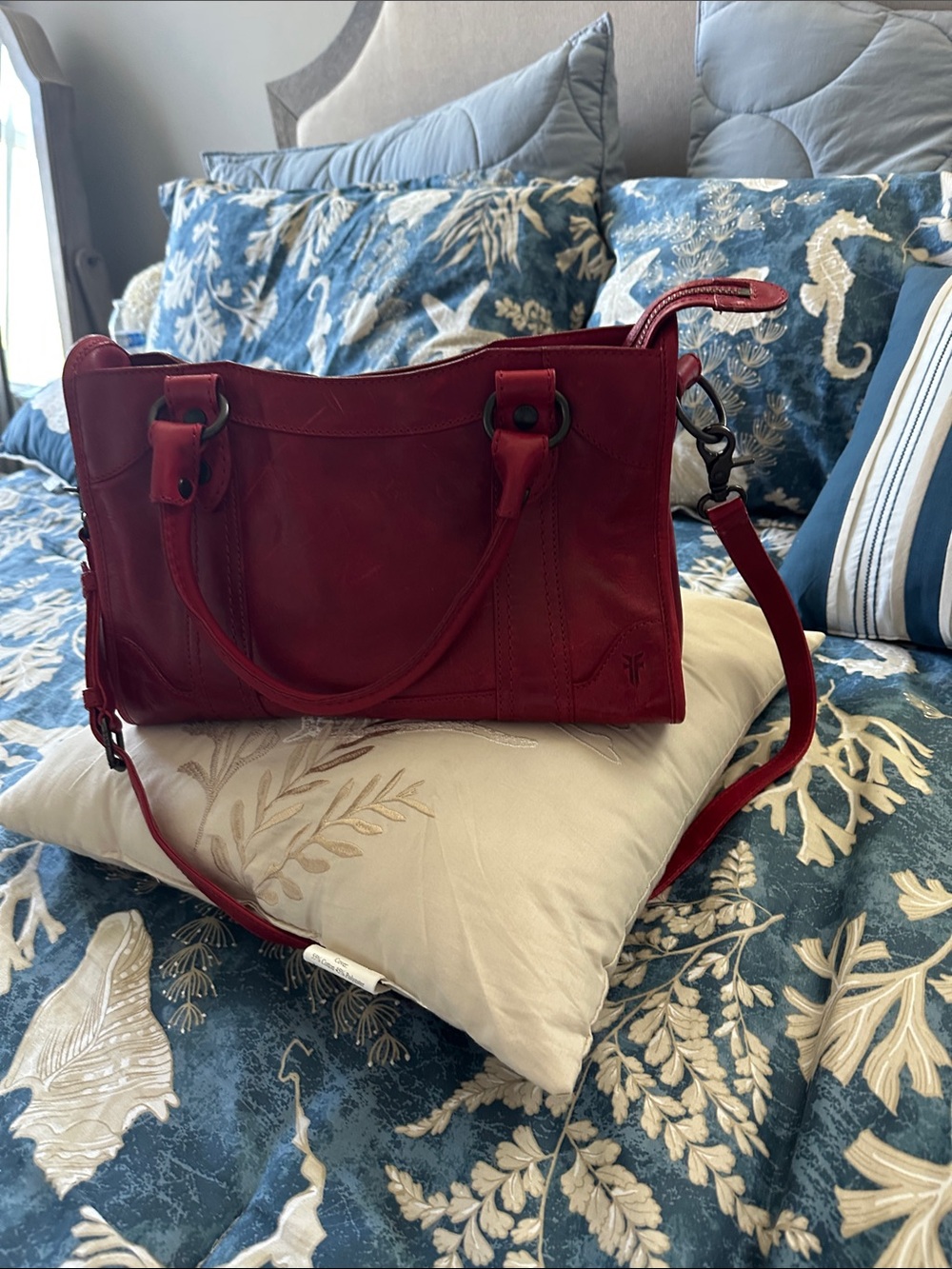 Red Leather Shoulder Bag with Top Handles